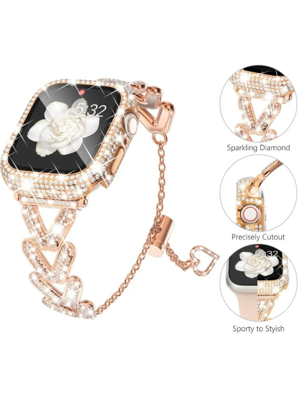 Stylish Metal Band & Bling Rhinestone Case for Apple Watch 38mm-46mm - Women’s